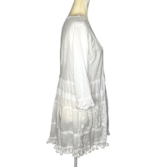 Me 2 Magic Mini Dress XL Cotton White Eyelet Lace Tassel Boho Prairie Beachy - Picture 4 of 12